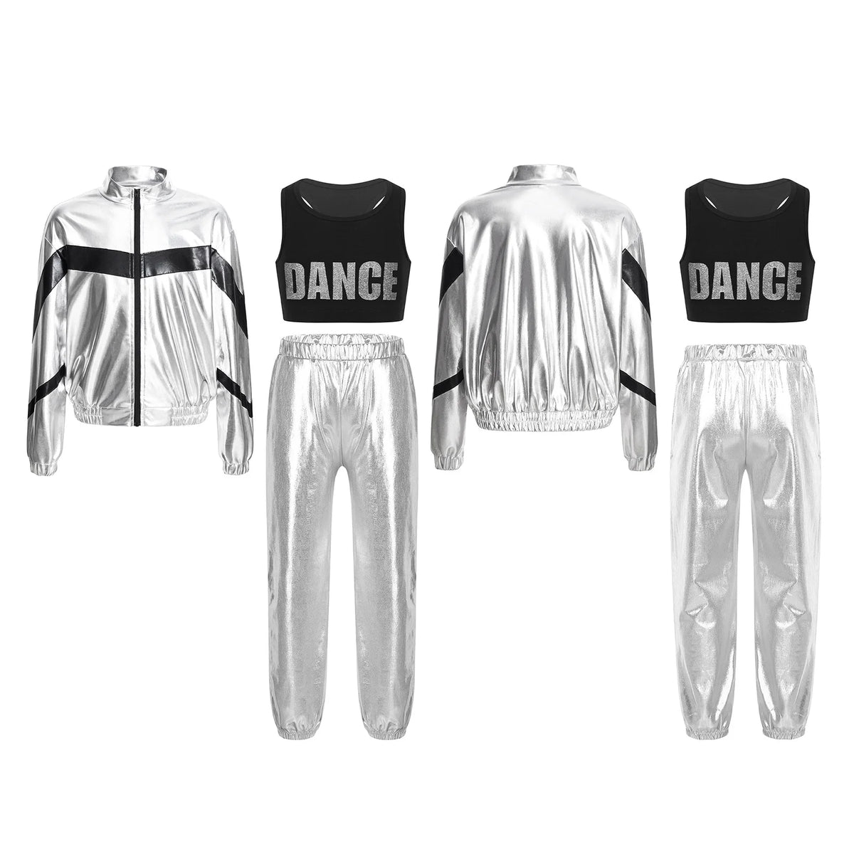 Girls Hip-hop Dance Outfit Streetwear Racer Back Tank Crop Top + Long Sleeve Jacket + Pants 3Pcs/Set