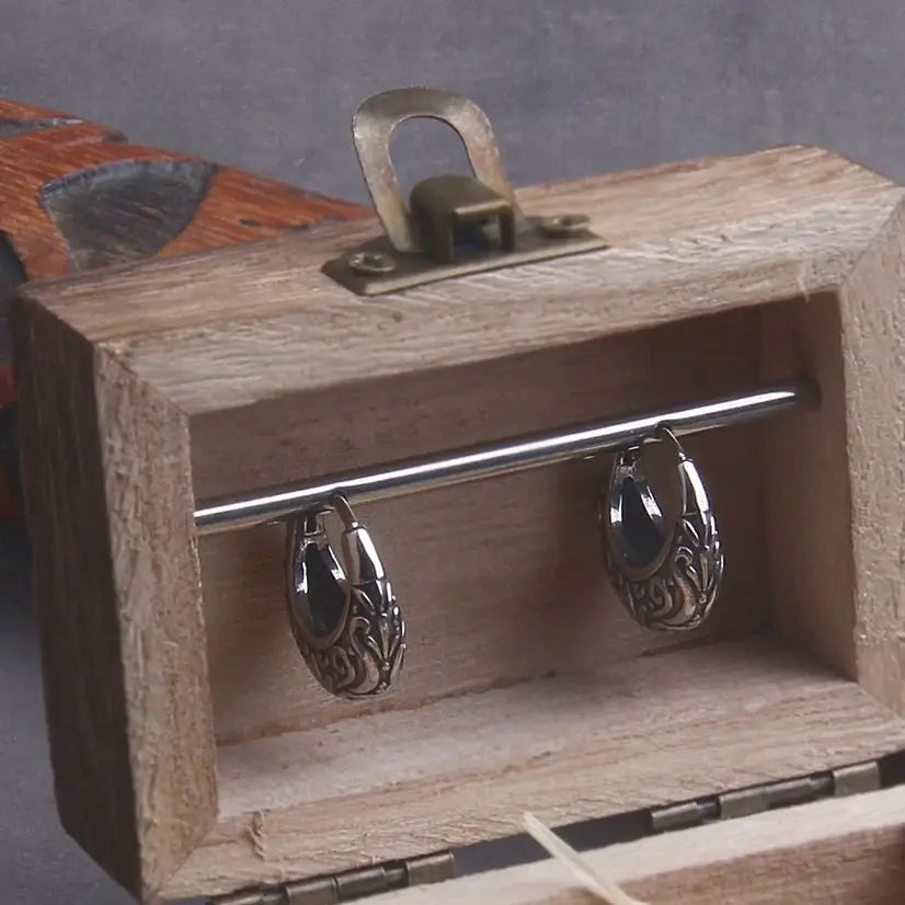 Filigree Stainless Steel Huggie Earrings for Men with Wooden Box