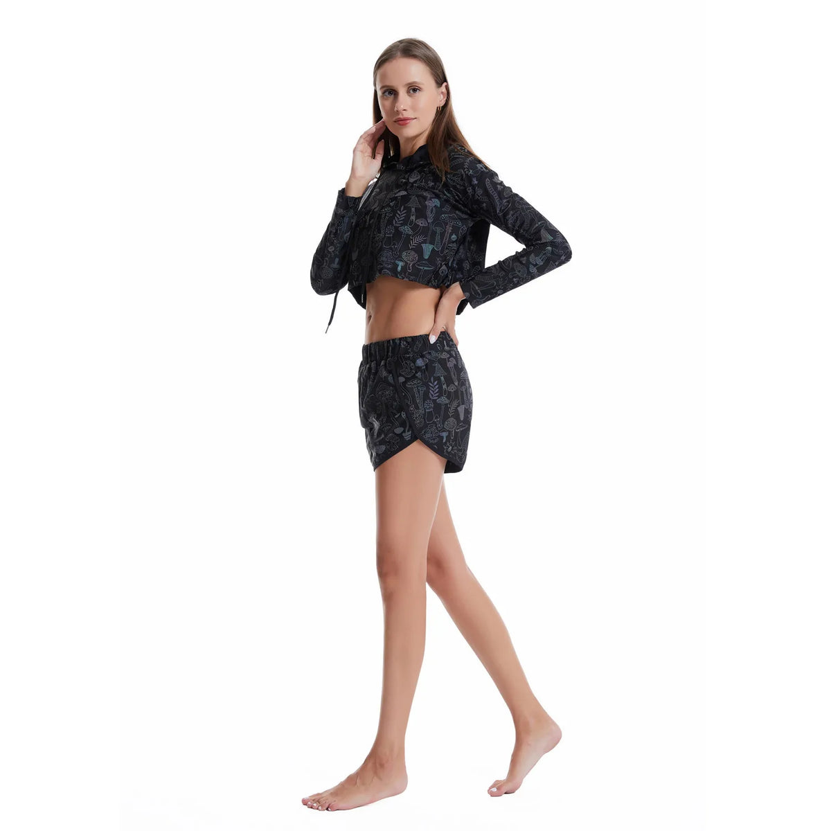 Reflective Mushroom Print Shorts Cropped Hoodie