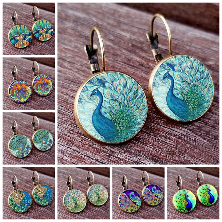 Peacock Paintings Cabochon Earrings