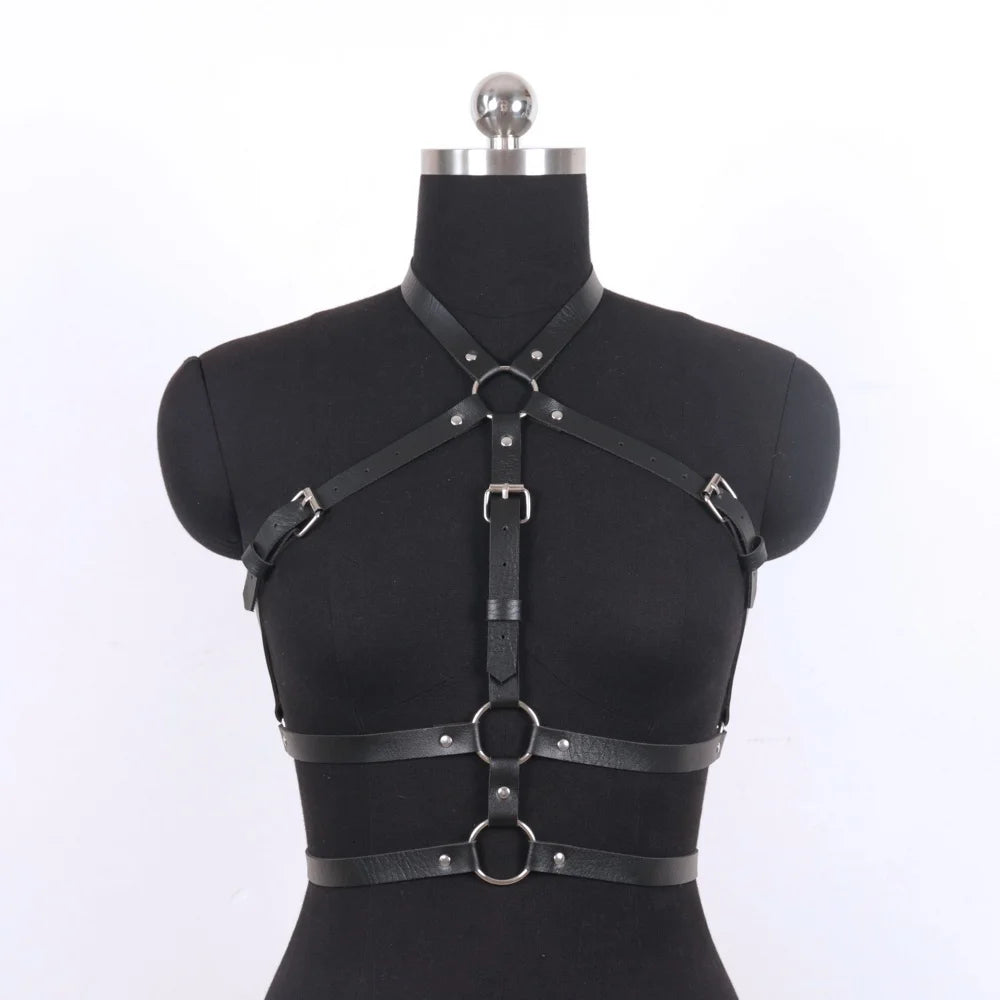 Gothic Dark Faux Leather Halter Body Harness, Adjustable Chest Strap Halloween Vampire Witch Cosplay