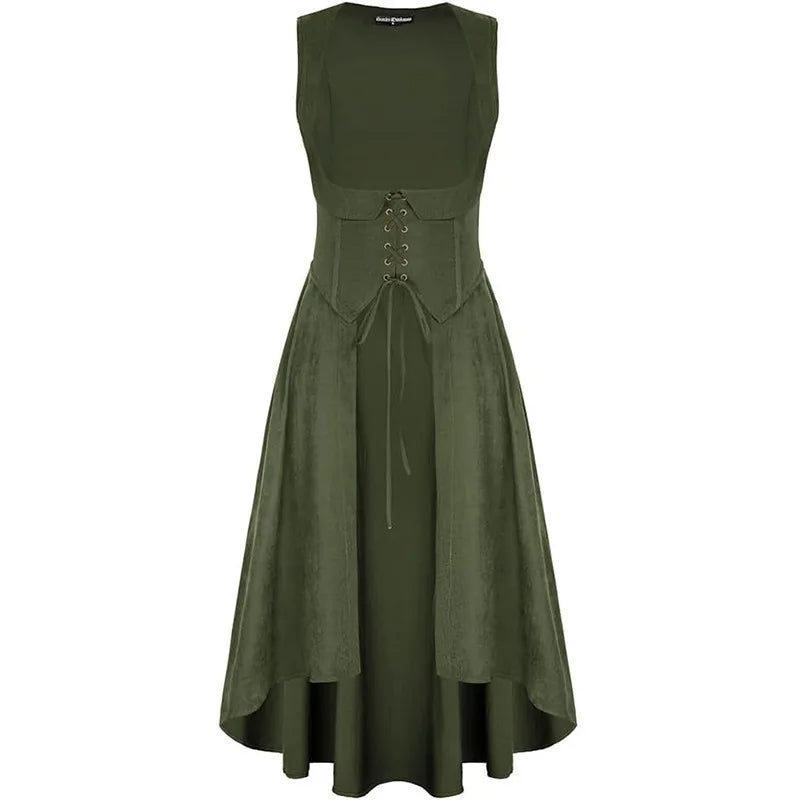 Medieval Renaissance Lace-Up Vest Dress Irregular Hem Overlayer Dress Cosplay Costume