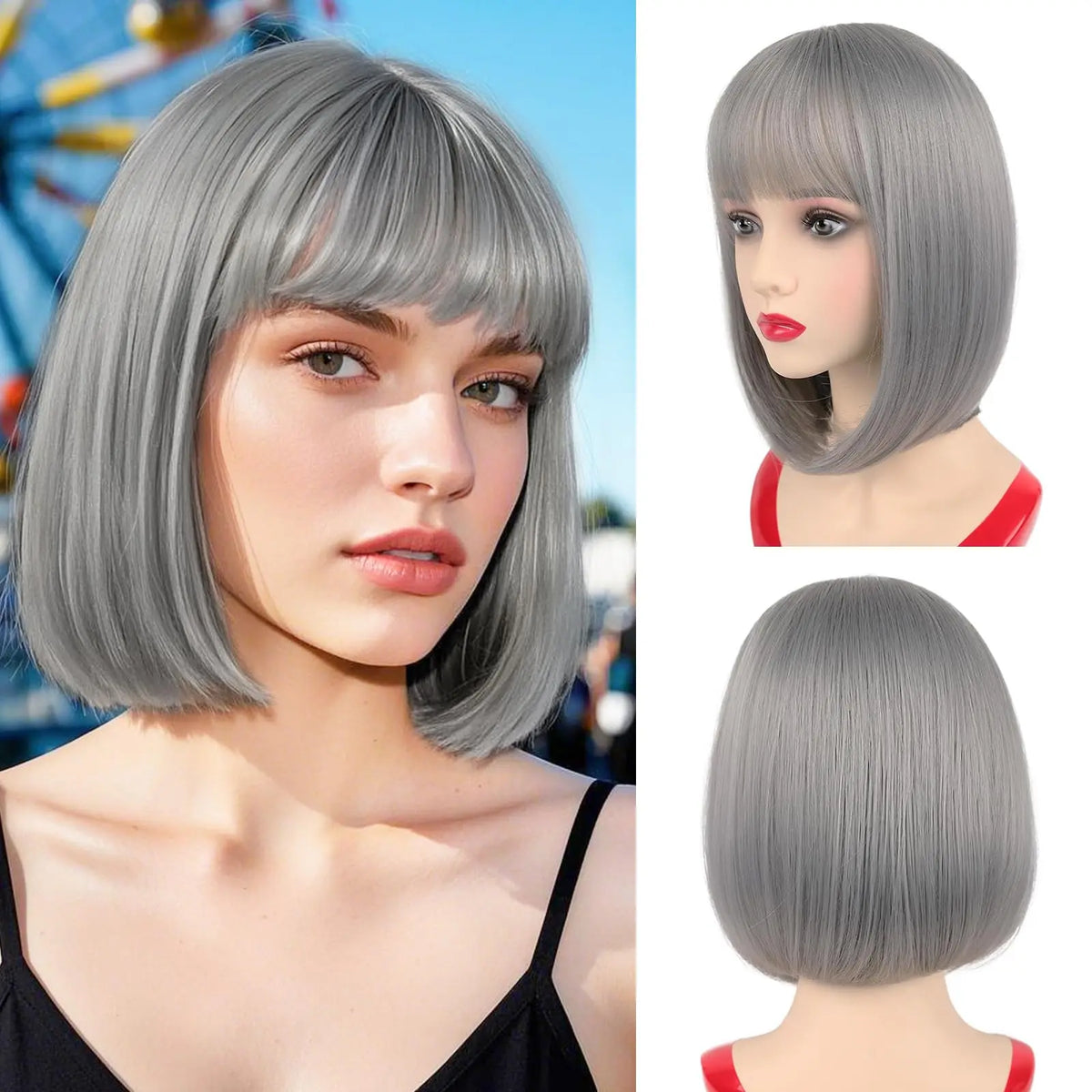 Synthetic Party Wigs Colourful Rainbow Bob with Bangs Hairstyle Halloween Cosplay