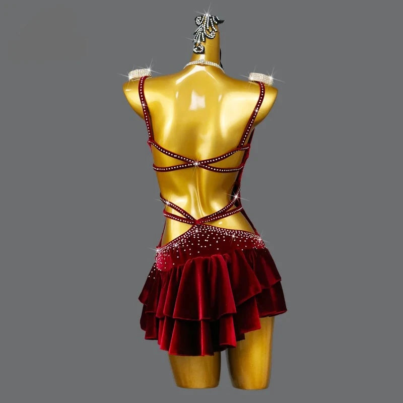 Red Velvet Latin Dance Dress Professional Cha-Cha Line Suit
