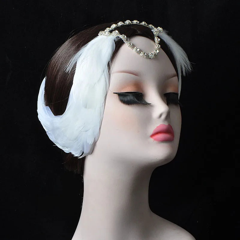 Ballet Swan Lake Headwear White Black Feather Headband With Crystal Rhinestones Ballerina Headdress