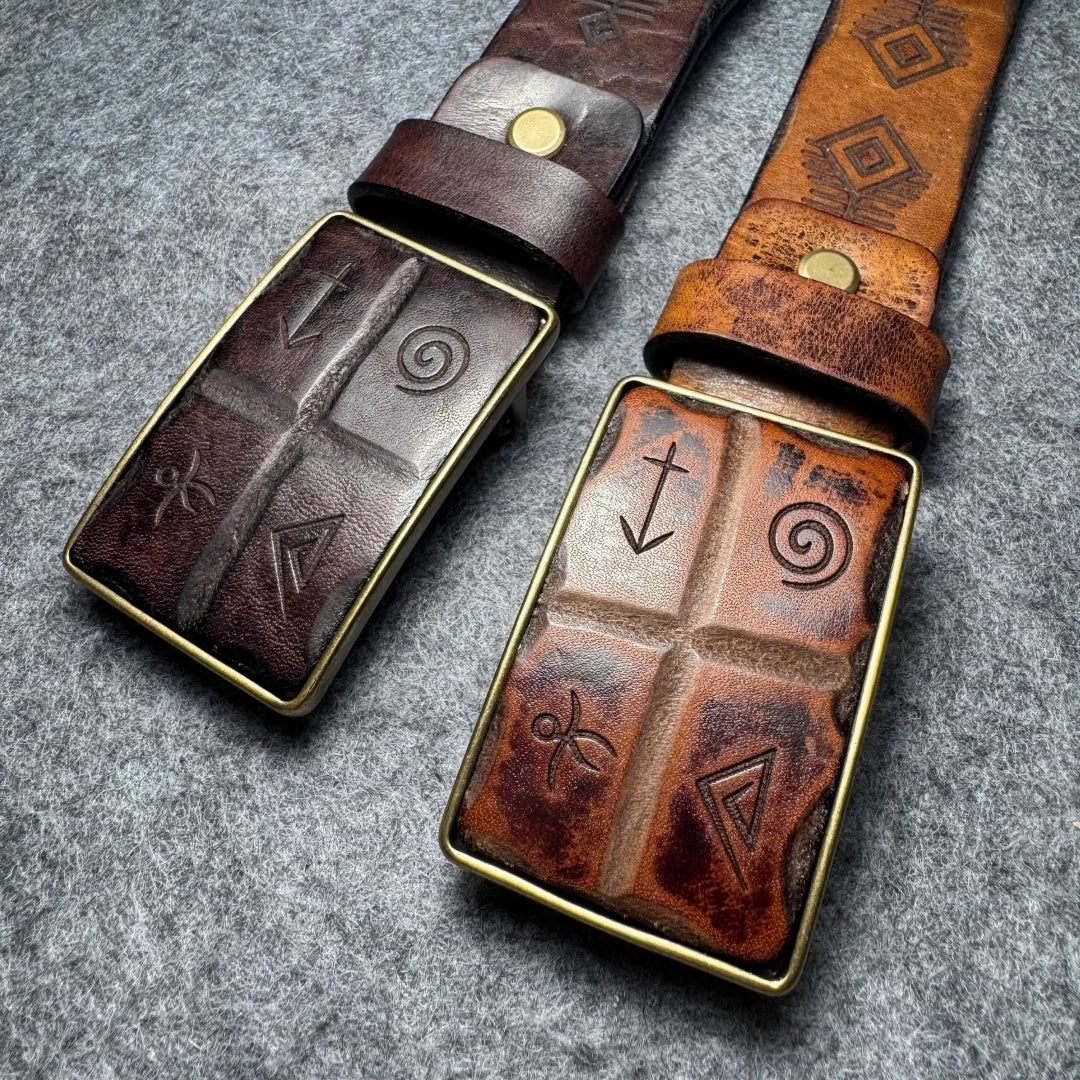 Norse Viking Runes Genuine Leather Men's Belt Pure Copper Buckle