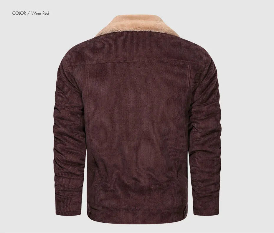 Woodsman Winter Corduroy Jackets Thick Warm Faux Fur Collar Bomber Coat