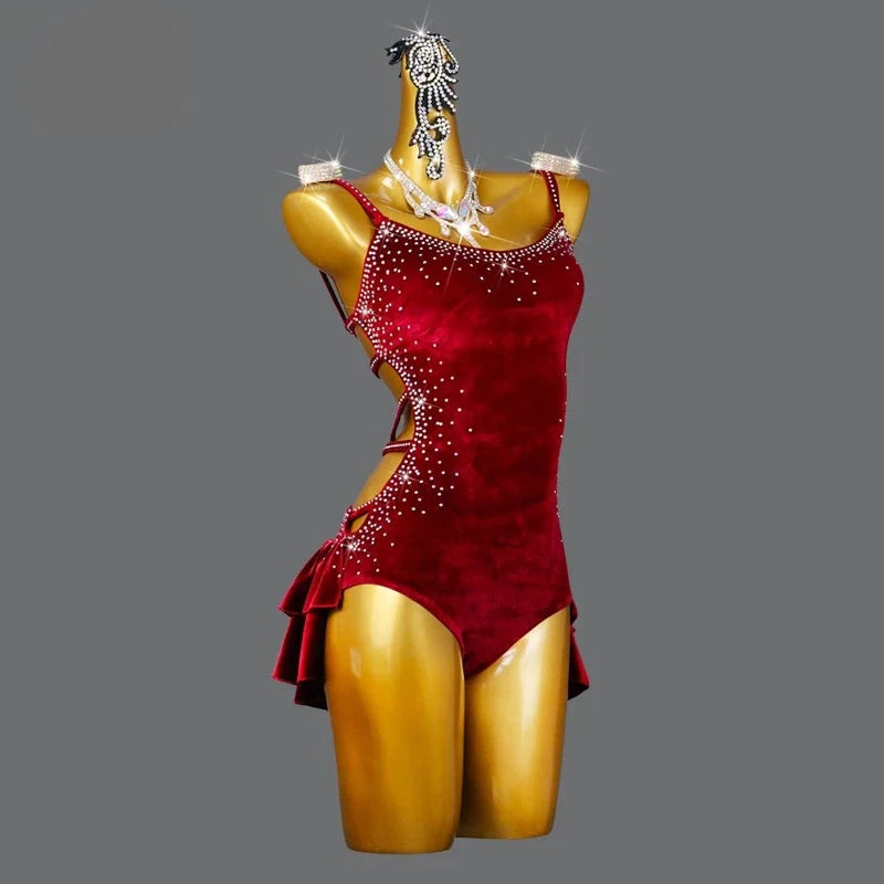 Red Velvet Latin Dance Dress Professional Cha-Cha Line Suit