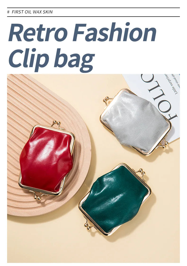 Genuine Leather Double Clamp Coin Purse Small Wallet Bag Pouch