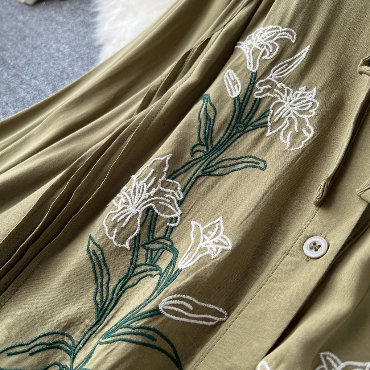Olive's Embroidered Long Sleeve Shirt Dress