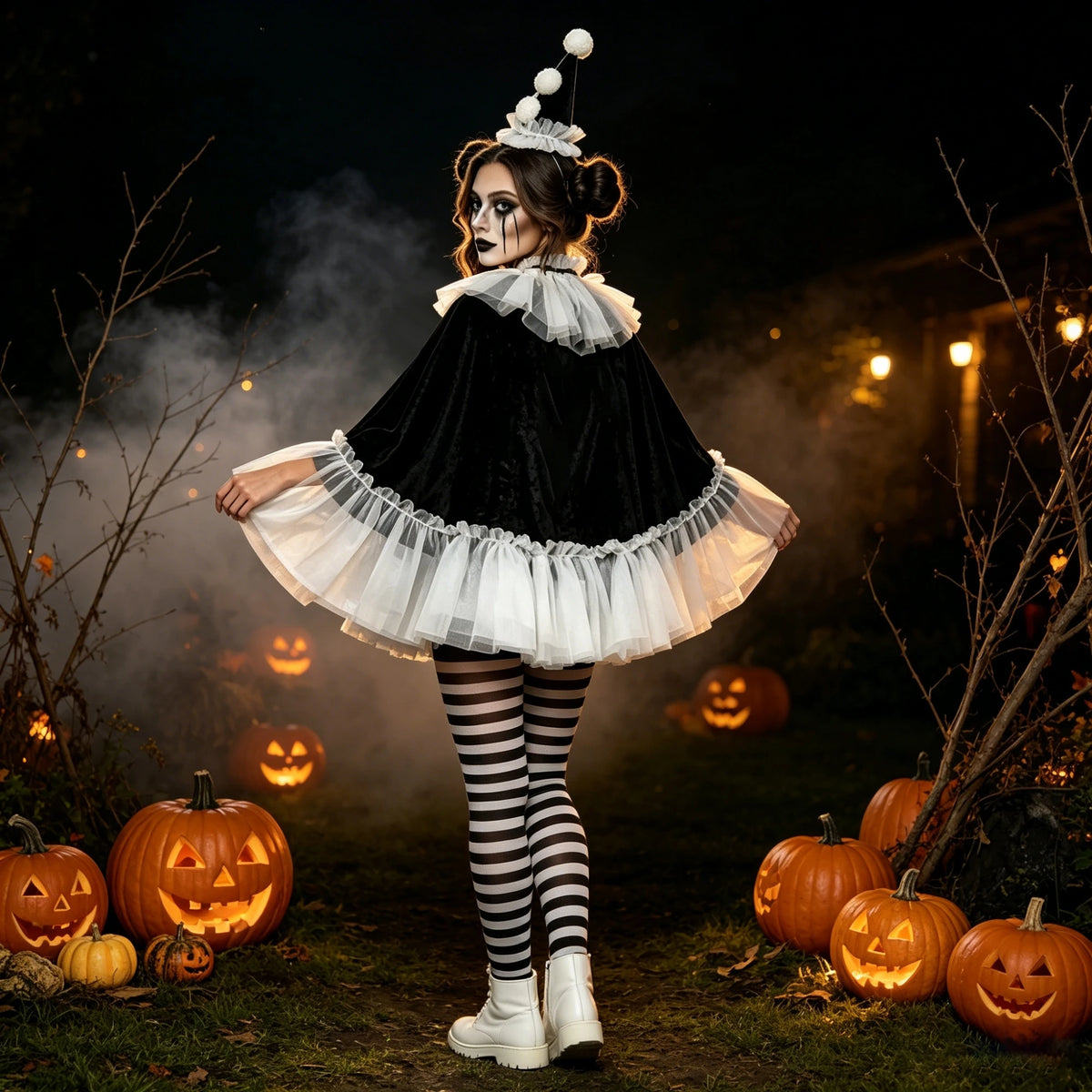 Women Pierrot Clown Costume 3Pcs Halloween Clown Cosplay Set