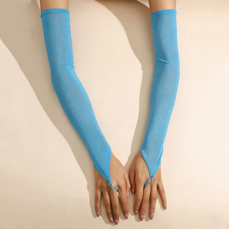 16 Colours Sheer Mesh 48cm Long Hook Finger Gloves Stretchy Sun Protection Cosplay Dance Wear