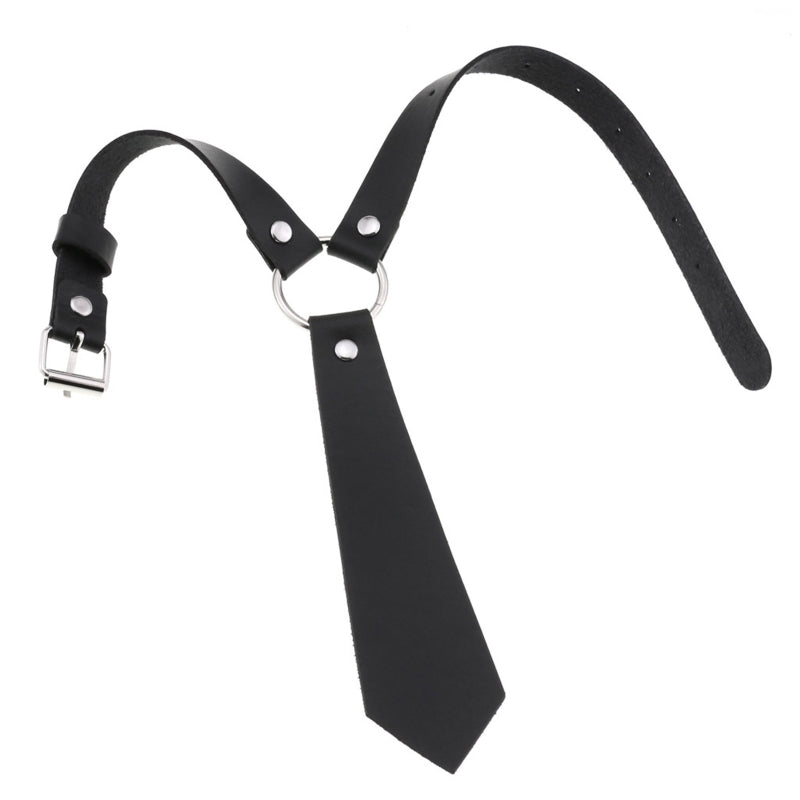 Imitation Leather Black Neck Tie Punk O-Ring Studded Choker Necklace