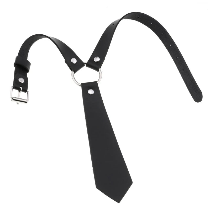 Imitation Leather Black Neck Tie Punk O-Ring Studded Choker Necklace