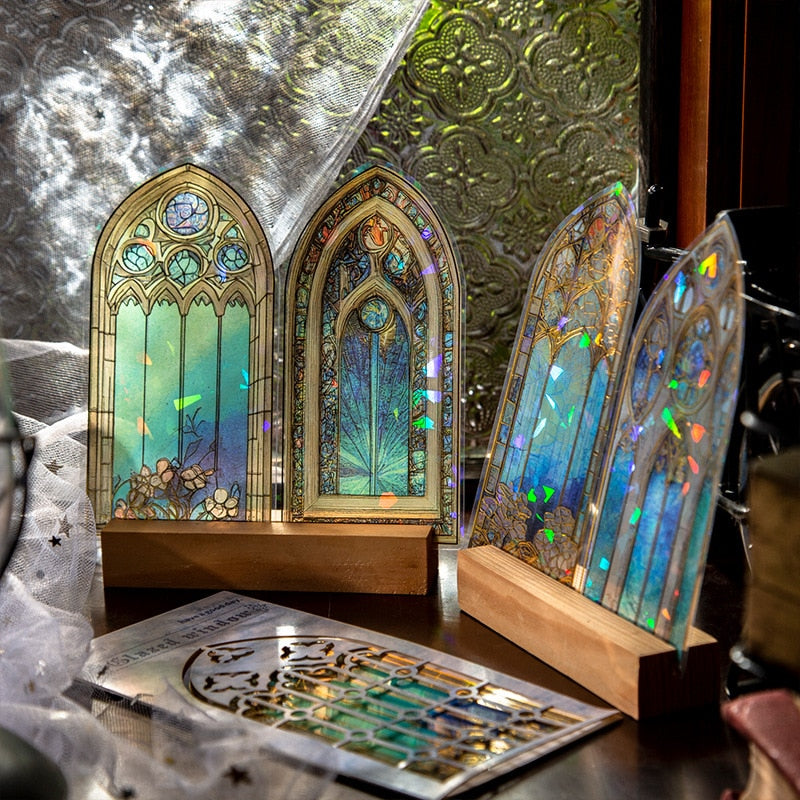 10Pcs Arched Stain Glass Window Series Decorative Waterproof Stickers Scrapbooking DIY Craft