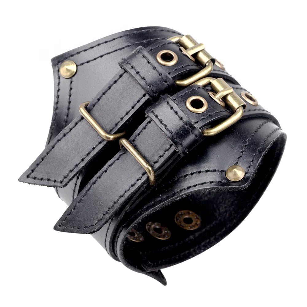 Genuine Leather Men's Wide Leather Wrist Cuff Buckle Bracelet