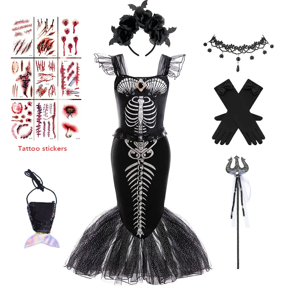 Halloween Mermaid Skeleton Costume Sets Gothic Girls Black Dress