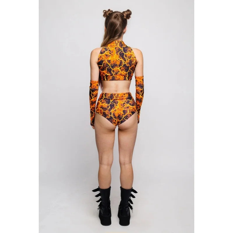 Roller Derby Performance Outfit Women High Neck Crop Set Rave Party Clubwear Printed Bodycon Set