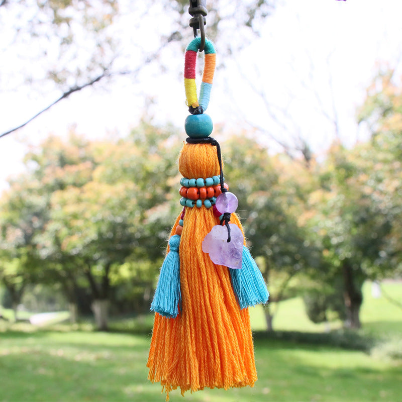 Boho Colourful Crystal and Beading Tassel Keychains Amethysts Purple Crystal Charm Long Tassel Keyrings Hanging Decor