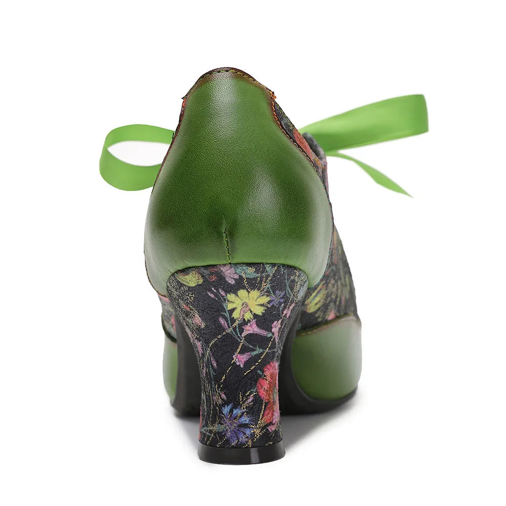 Sarah's Genuine Leather Green Pumps Heels Ribbon Lace Tie Shoes