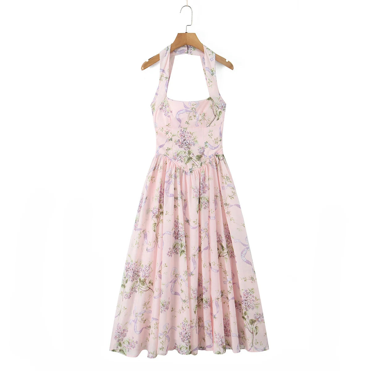 Ceony's Pink Floral Backless Halter Neck Dress