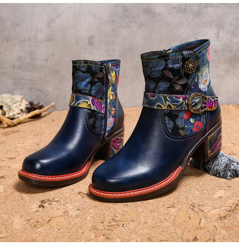 Violet's Floral Boots Genuine Leather Hand-painted Short Boots