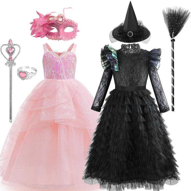 Wicked Glinda and Elphaba Girl's Tiered Costume Dress Sets Witch Halloween Book Week