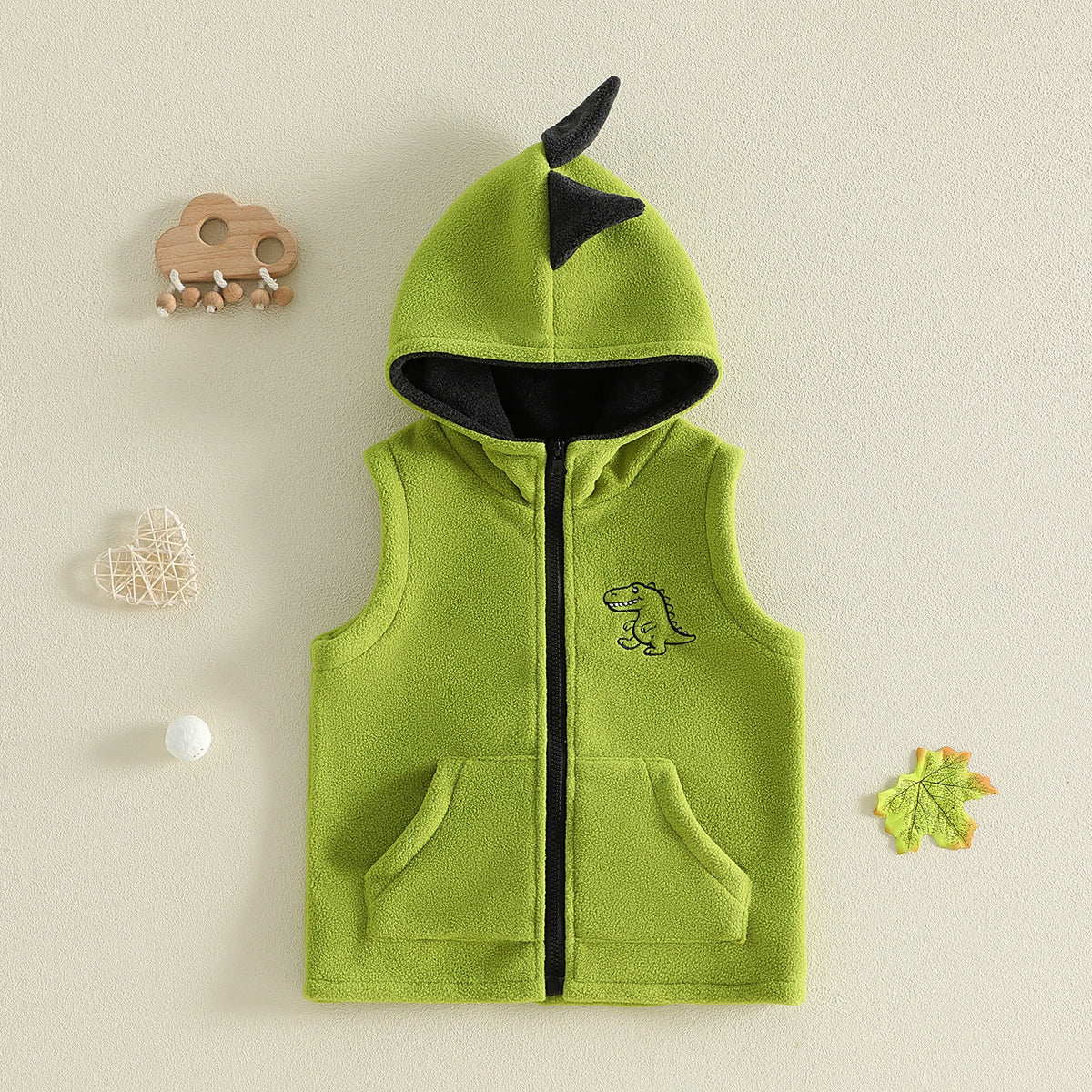Dinosaur Fleece Vest Toddler Boy Hooded Cute Embroidery Full-Zip Sleeveless Jacket Coats Outerwear