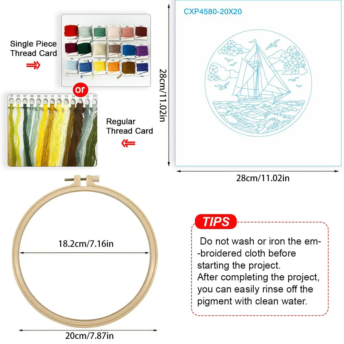 Waves and Sailboat 20X20CM/15X15CM DIY Embroidery Kit for Beginners