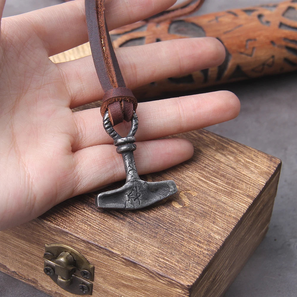 Thor's Hammer Norse Viking Stainless Steel Pendant Necklace For Men with Wooden Gift Box