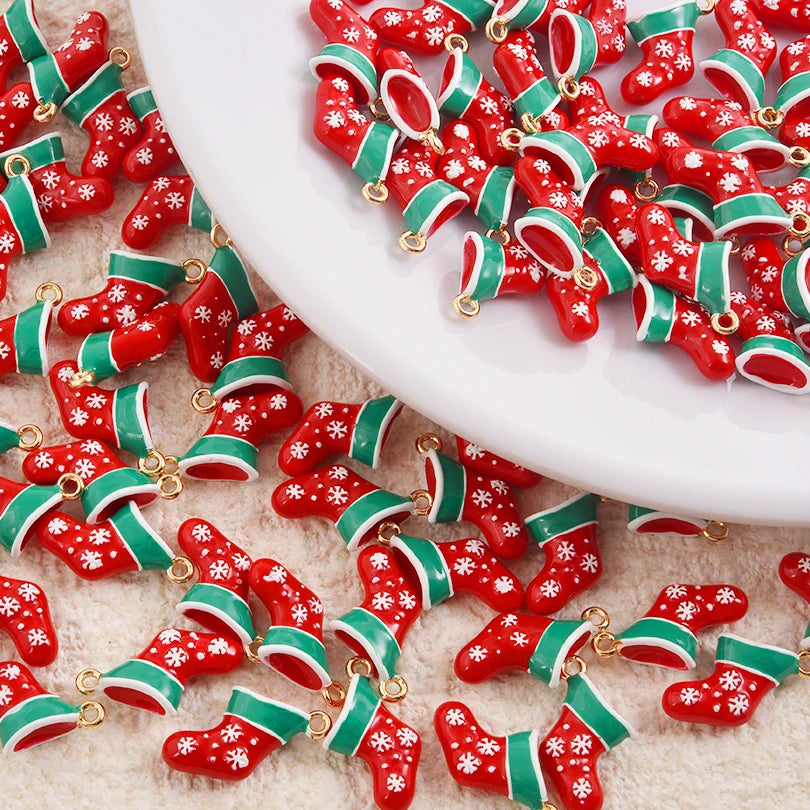 5pcs Christmas Charm Enamel Apple Socks Bell DIY Pendant Charms For Jewelry Making Keychain Earrings Bulk Handmade Material Gift
