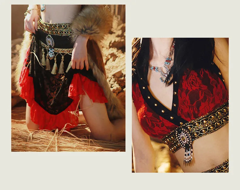 Tribal Fusion Women Belly Dance Costume 2 pieces Top and Hip Scarf