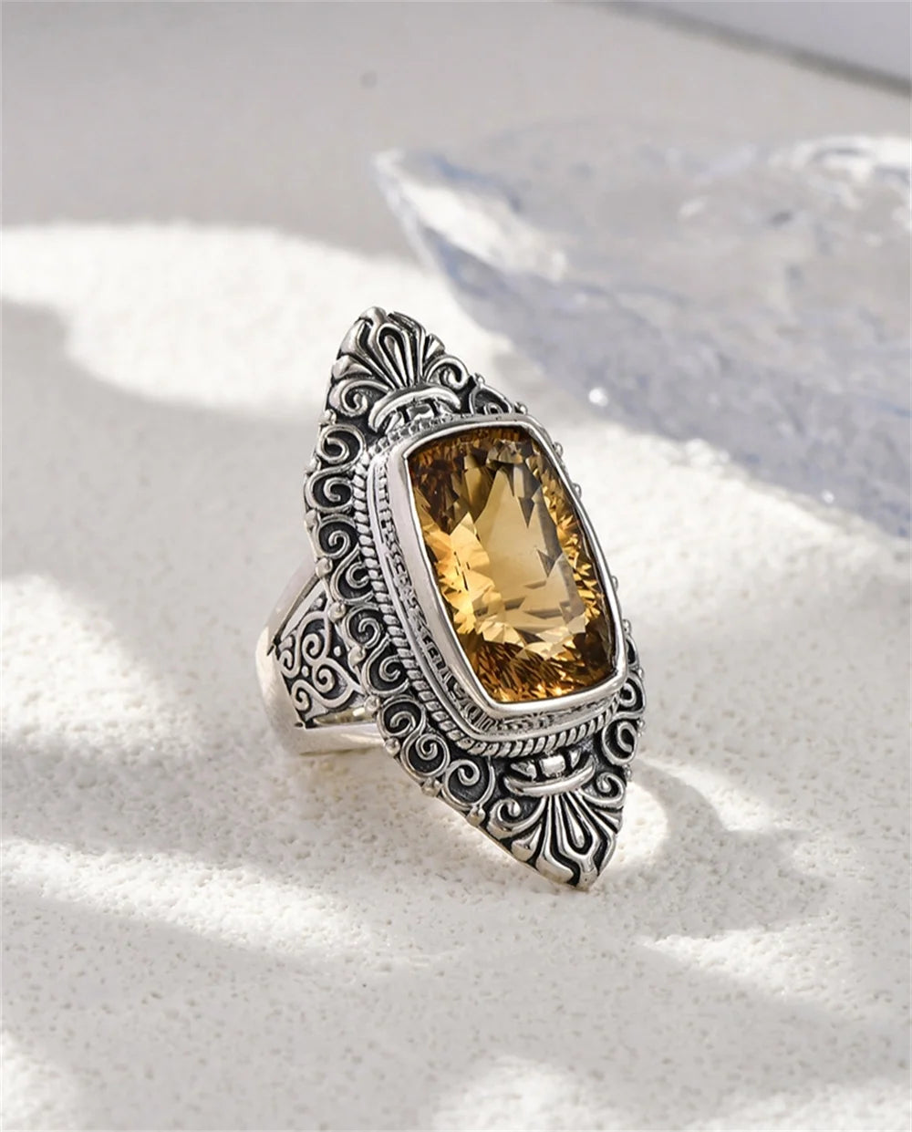 The Gypsy's Lantern S925 Sterling Silver Rings Natural Amethyst Yellow Crystal