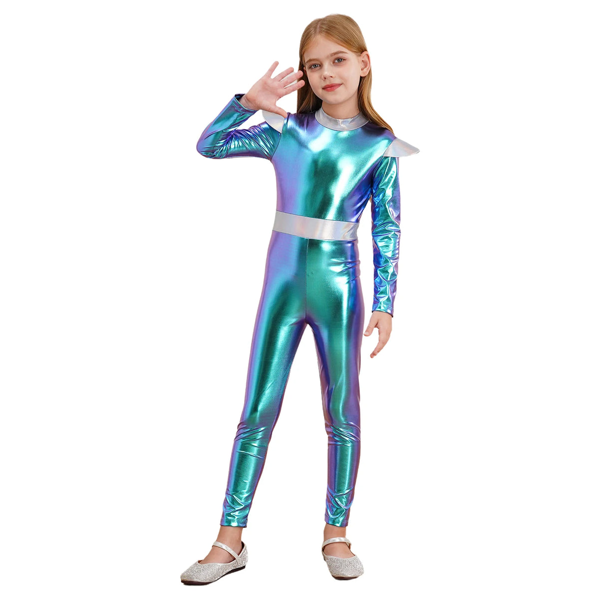 Girls Boys Alien Costume Shiny Metallic Full Body Suit Space Astronaut Robot Halloween Dress Up