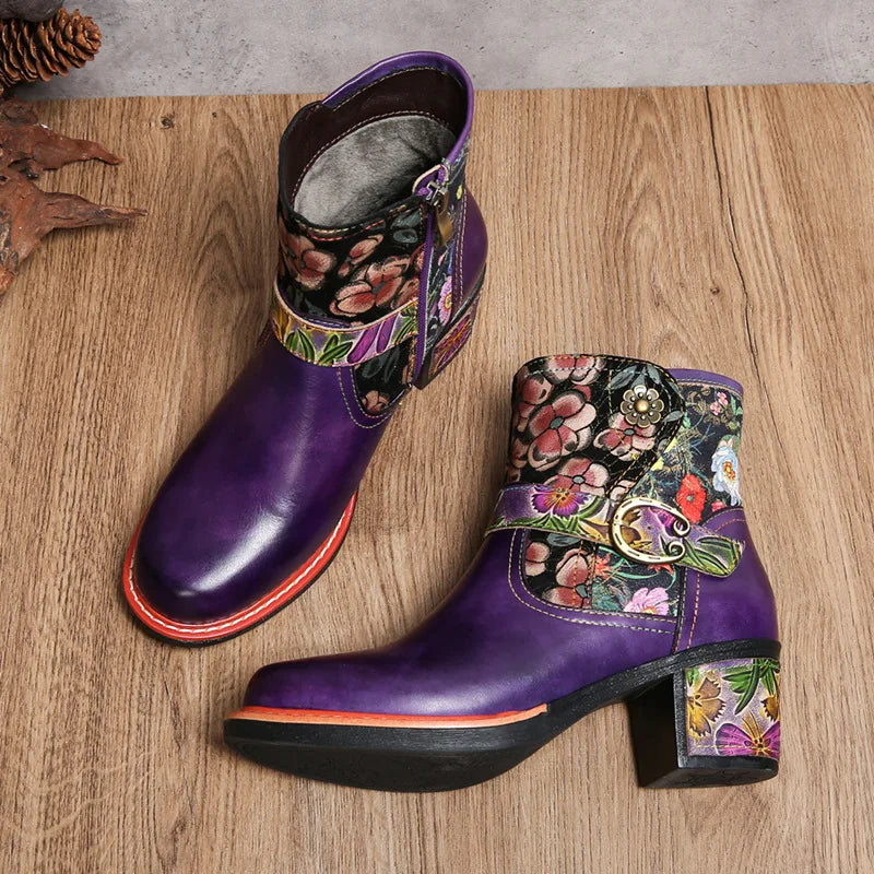 Violet's Floral Boots Genuine Leather Hand-painted Short Boots