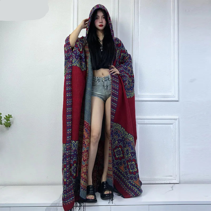 Boho Long Hooded Winter Cloak Cardigan Coat