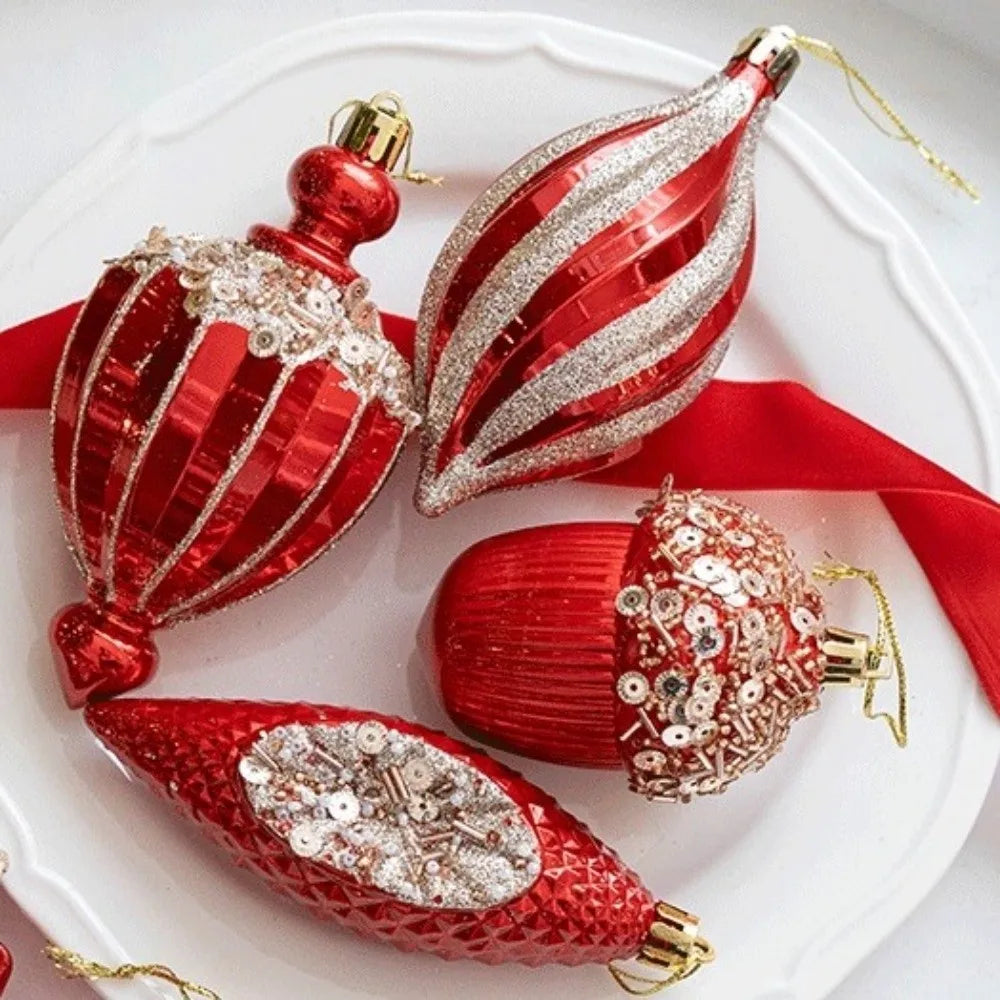 Red Christmas Tree Ornaments Shatterproof Plastic Glitter Little Bear Balls Acorn