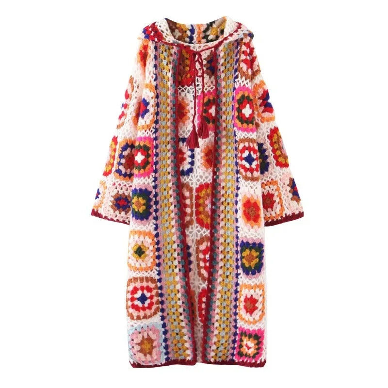 Granny Square Hand Crochet Mohair Hooded Long Cardigan