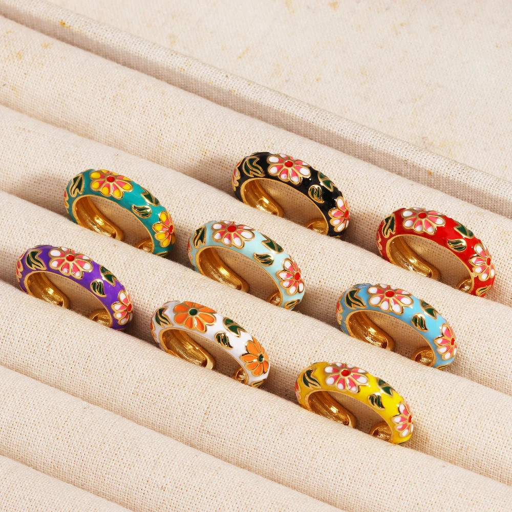 Vintage Boho Colourful Enamel Flower Rings