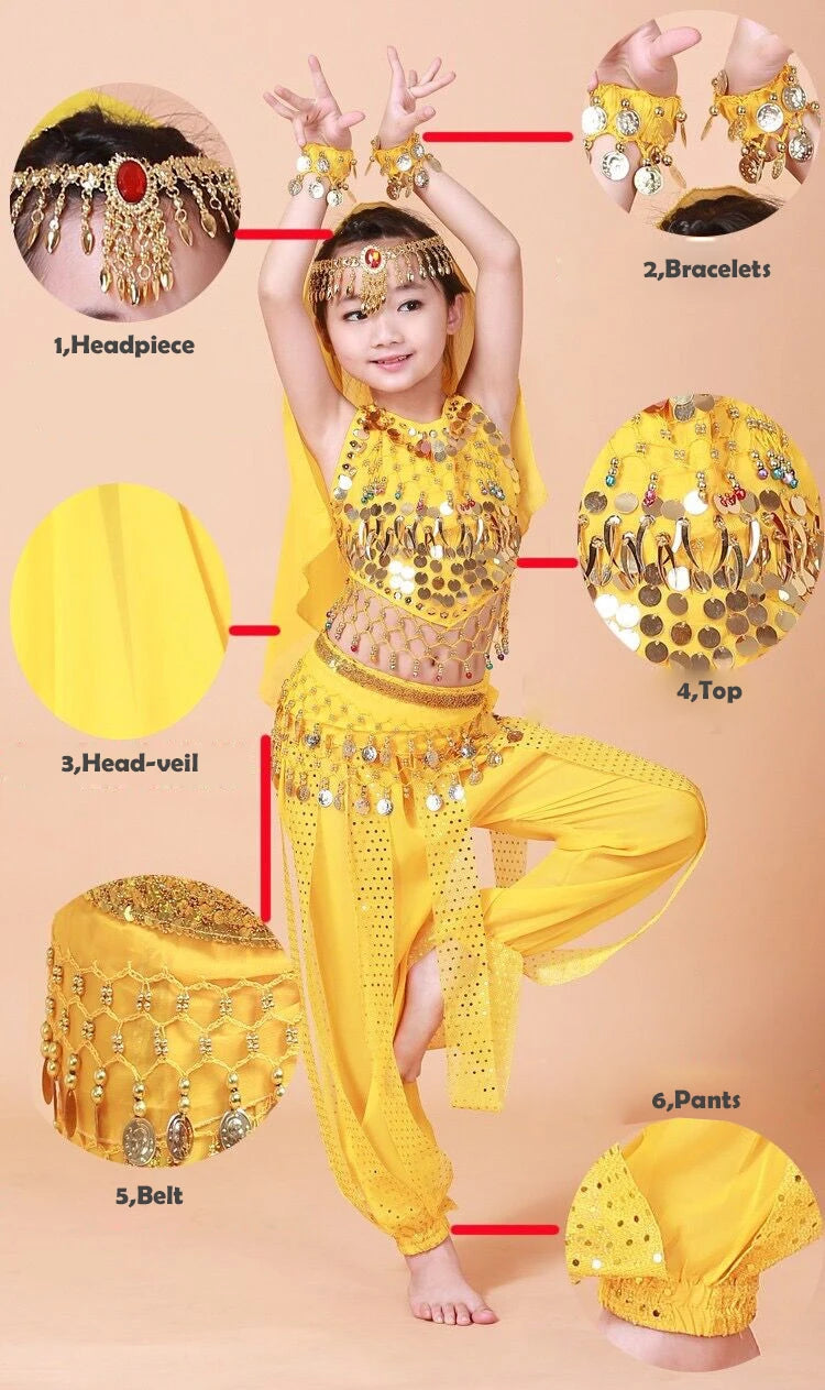 Girl's Stage Performance Chiffon Belly Dance Costume 7pcs Sets Kids Dancing Outfits