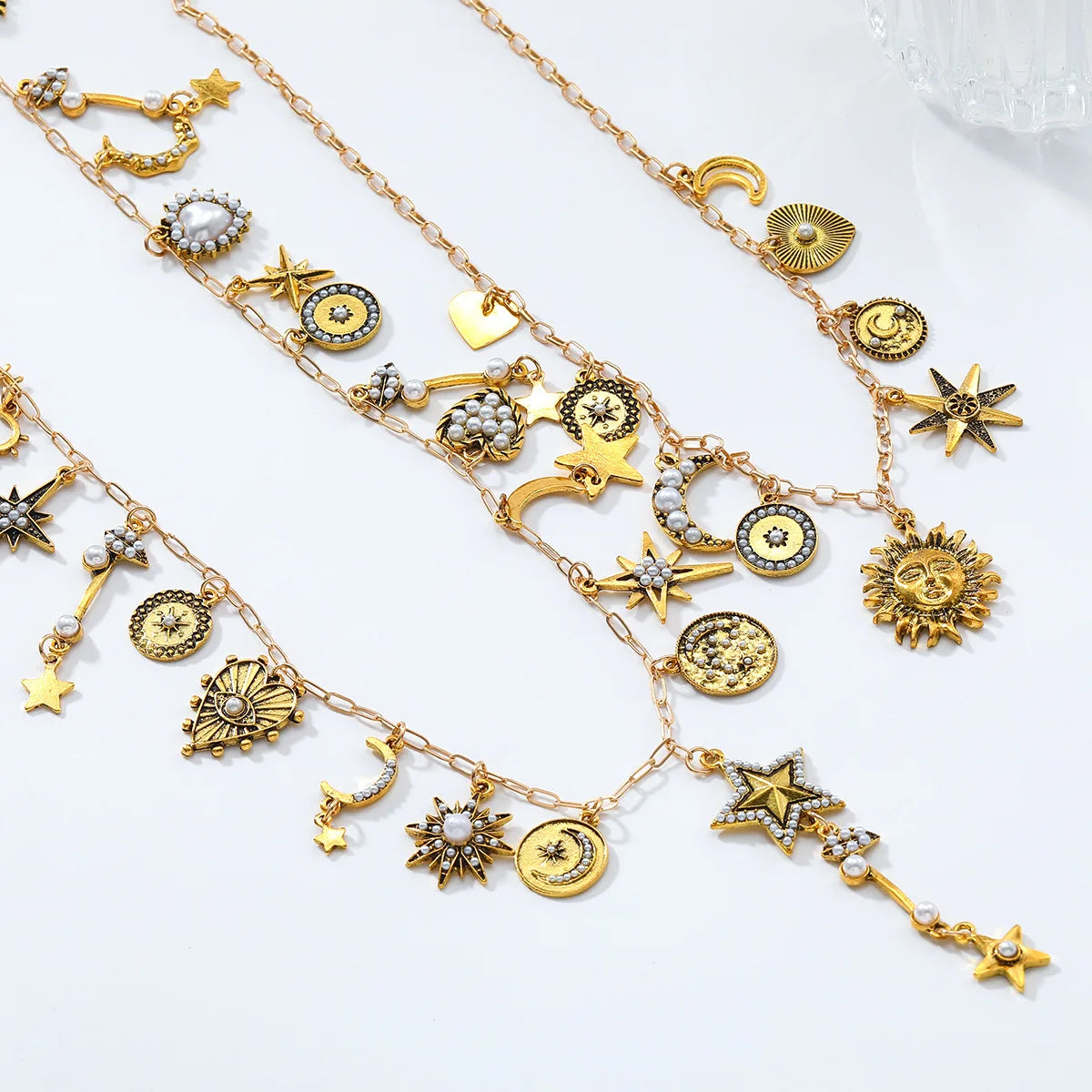 Celestial Charm Sun Flower Stars Moon Heart Charms Multi Layered Necklaces