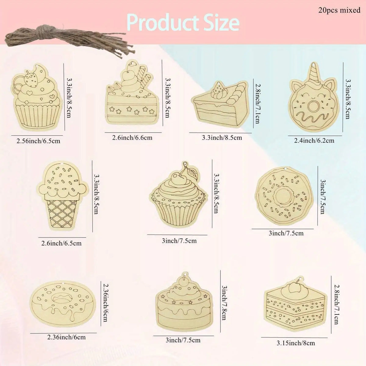 20Pcs Wooden Cupcake Ornaments Donut Unpainted Wood Crafts Project