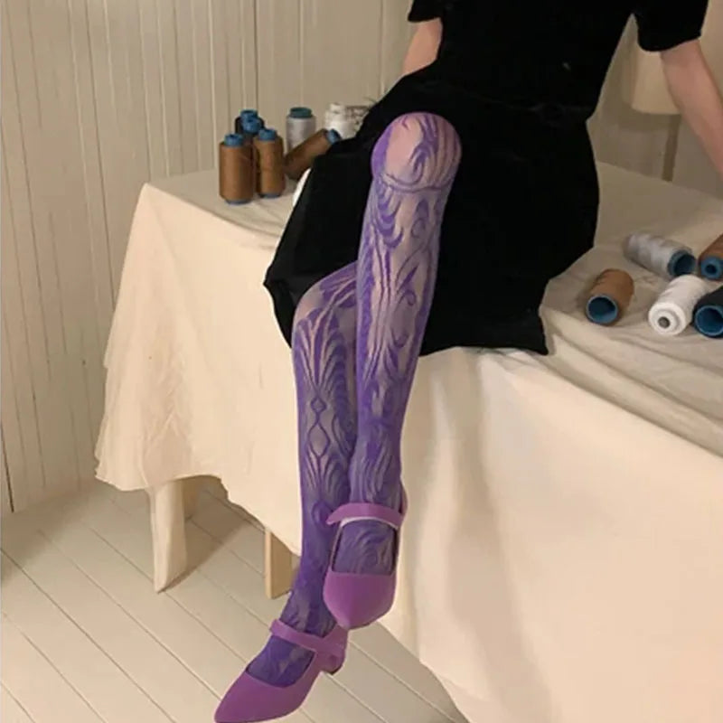 Purple Punk Stockings Eye Rose Lace Spider Web Pantyhose