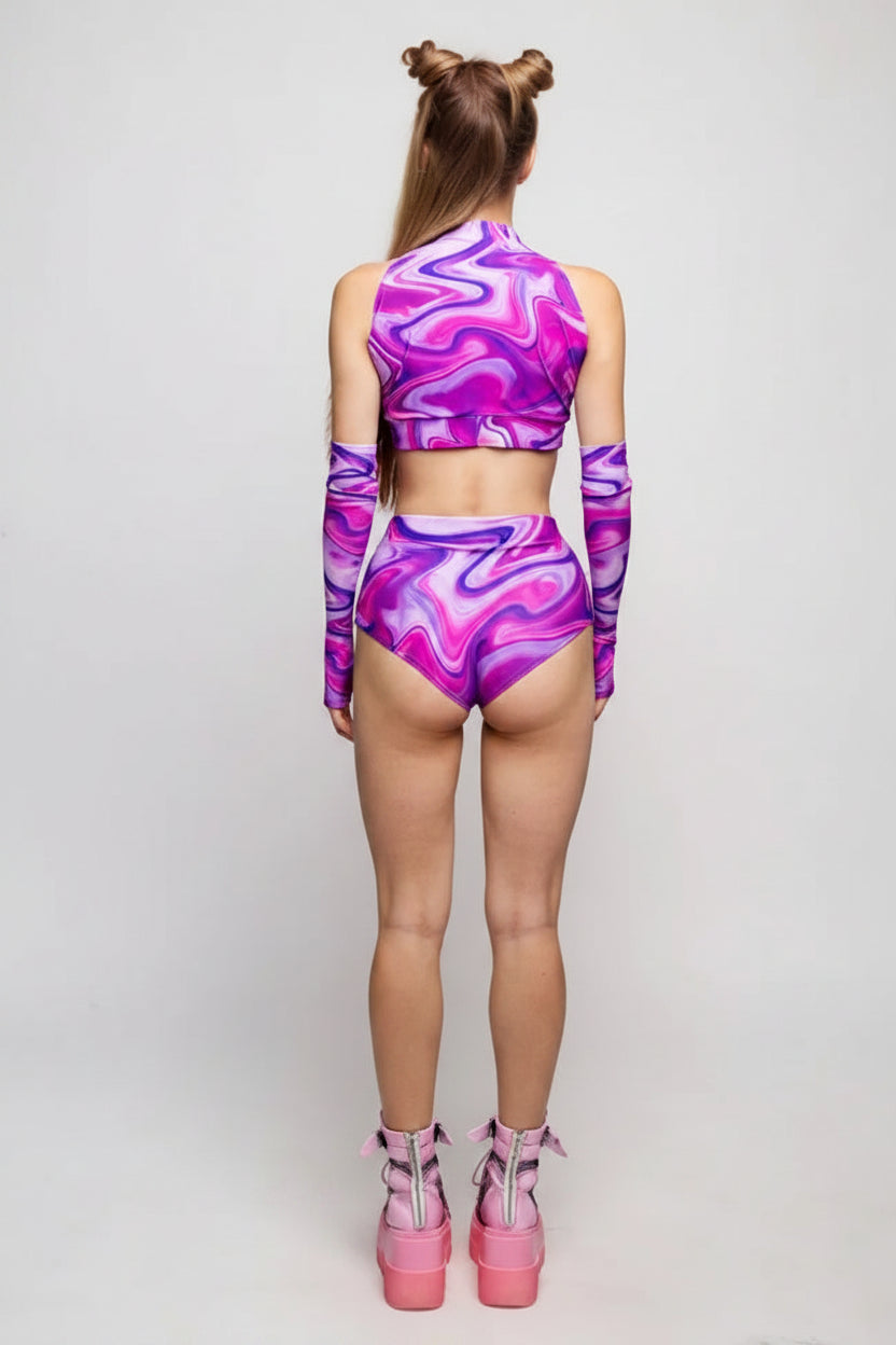 Roller Derby Performance Outfit Women High Neck Crop Set Rave Party Clubwear Printed Bodycon Set