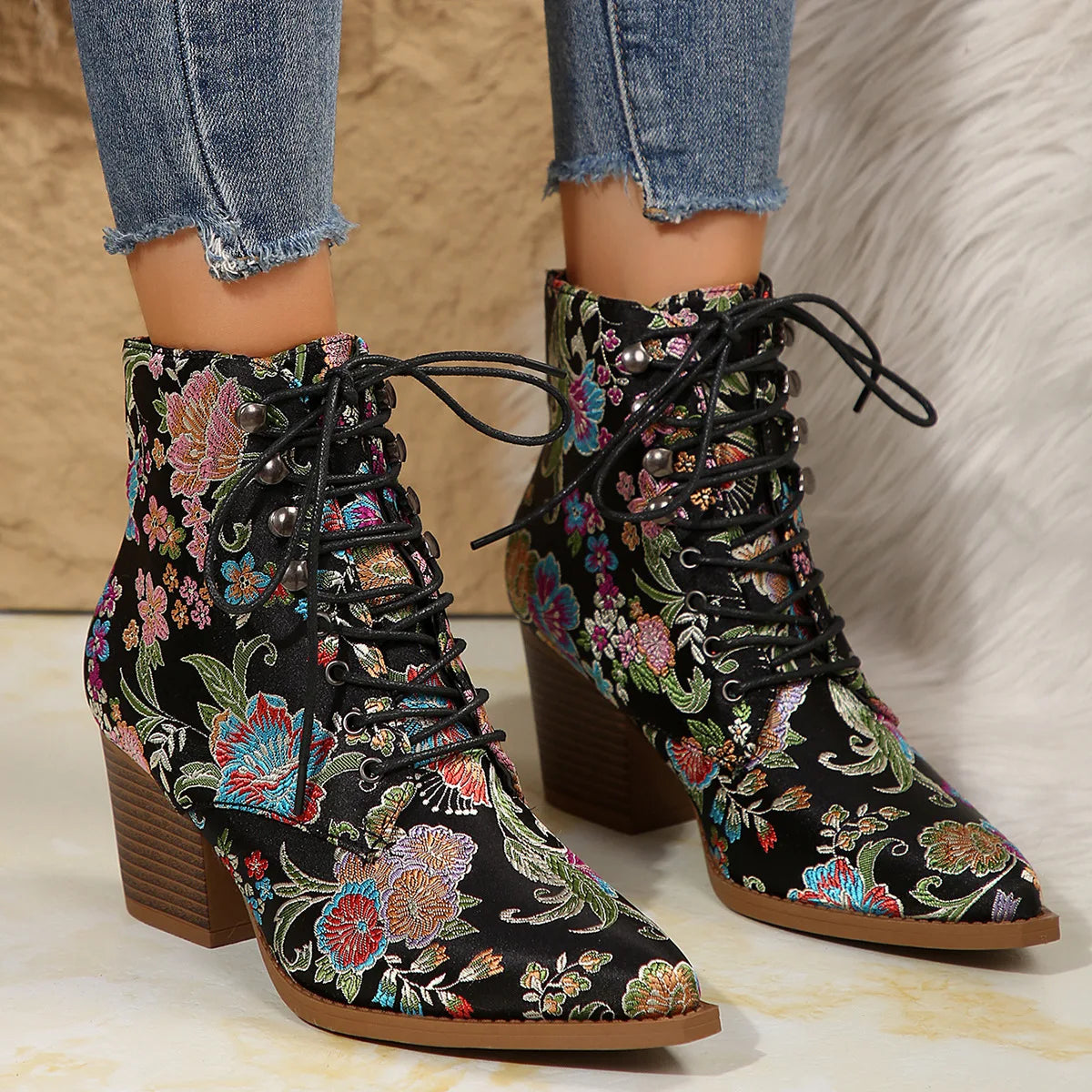 New Marie Antoinette Handmade Embroidered Ankle Boots