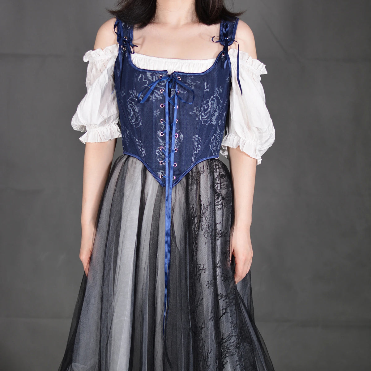 Blue Rose French Renaissance Corset Tops Lace-up Overbust Corset