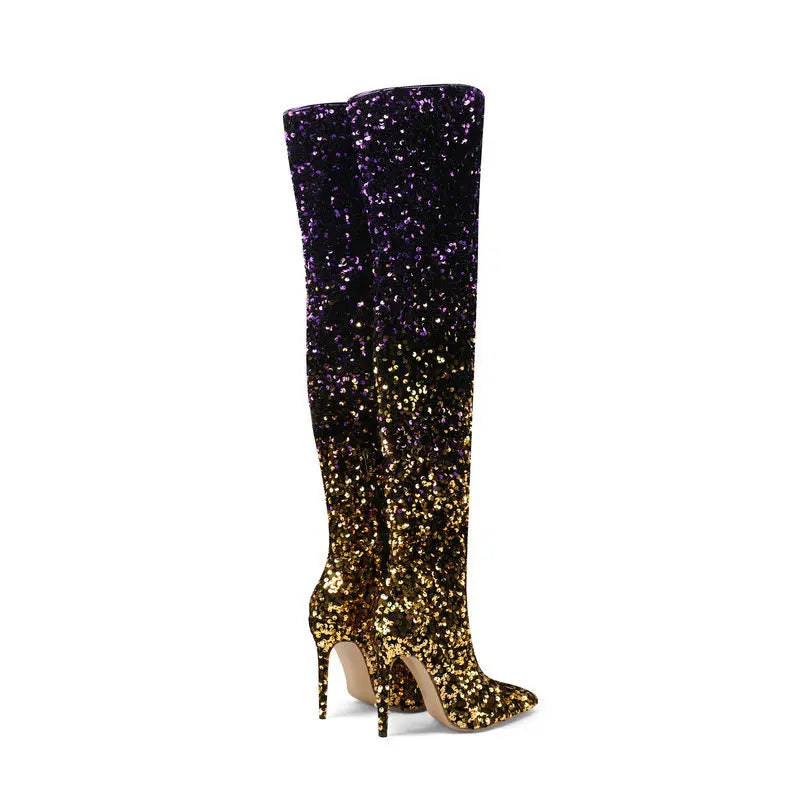 Galaxy Thigh High Boots Gradient Sequin Stretch Boots 11CM Heels