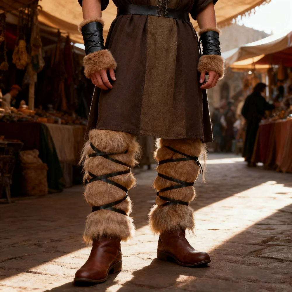 Medieval Faux Leather Faux Fur Leg Covers Viking Hunter Costume Accessories Cosplay Boot Covers