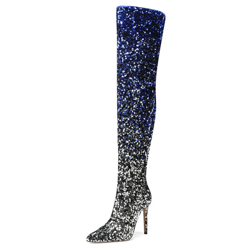 Galaxy Thigh High Boots Gradient Sequin Stretch Boots 11CM Heels