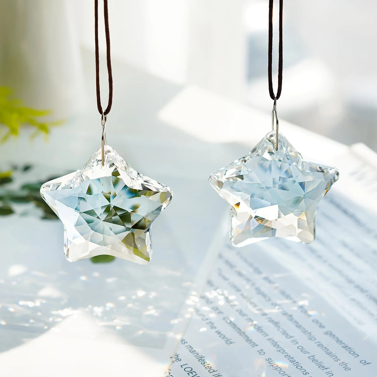 Two Crystal Stars Sun Catchers Window Prisms Hanging Decor
